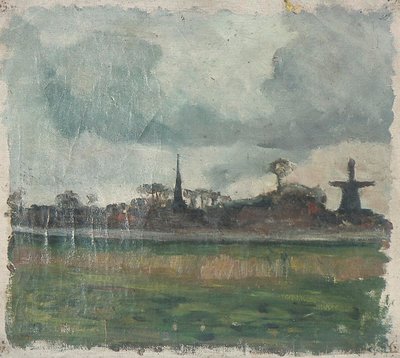 Landschaft mit Windmühle und Kirche von Theo van Doesburg